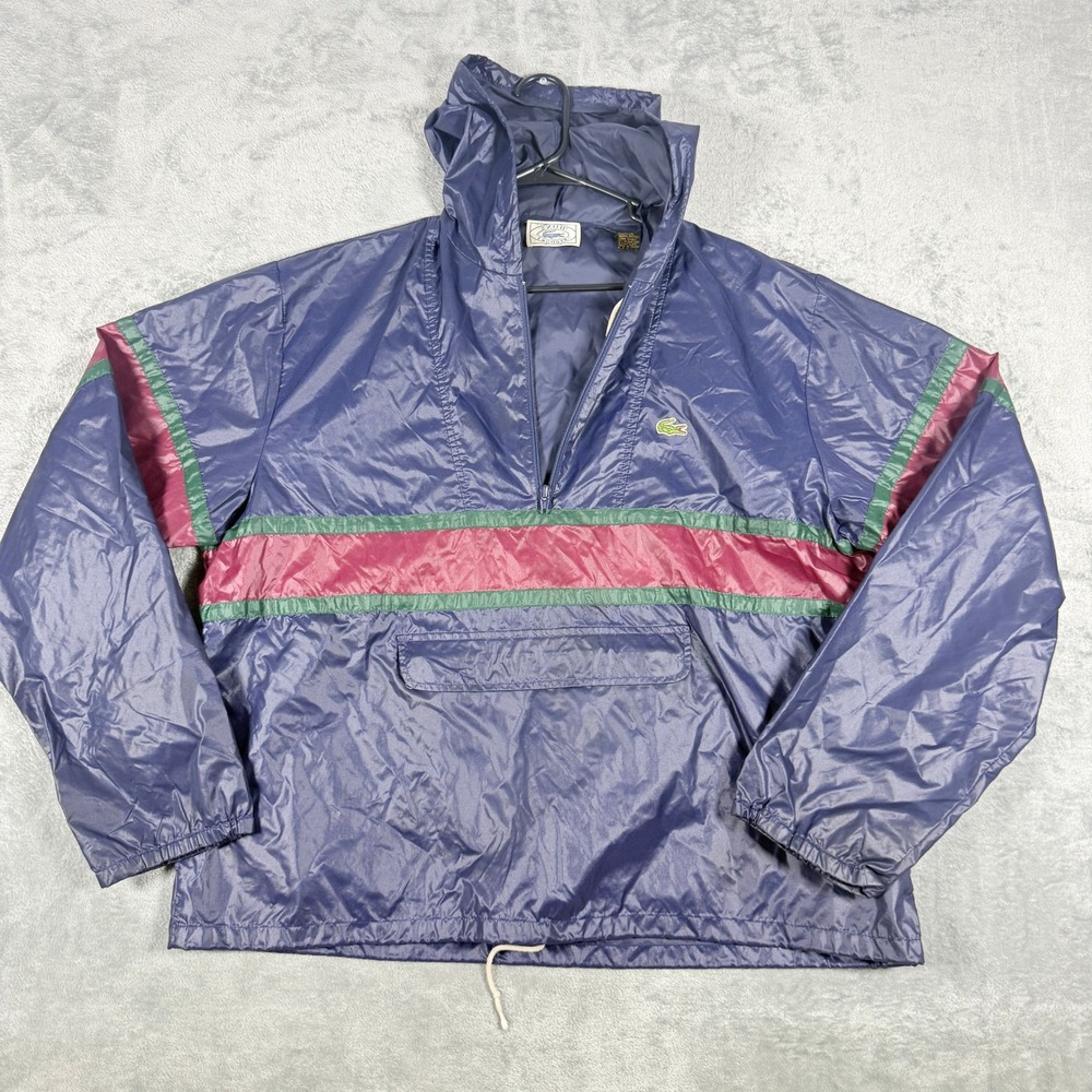 Vintage Izod Lacoste Mens L Windbreaker Purple Pink Green Stripe Anorak Jacket
